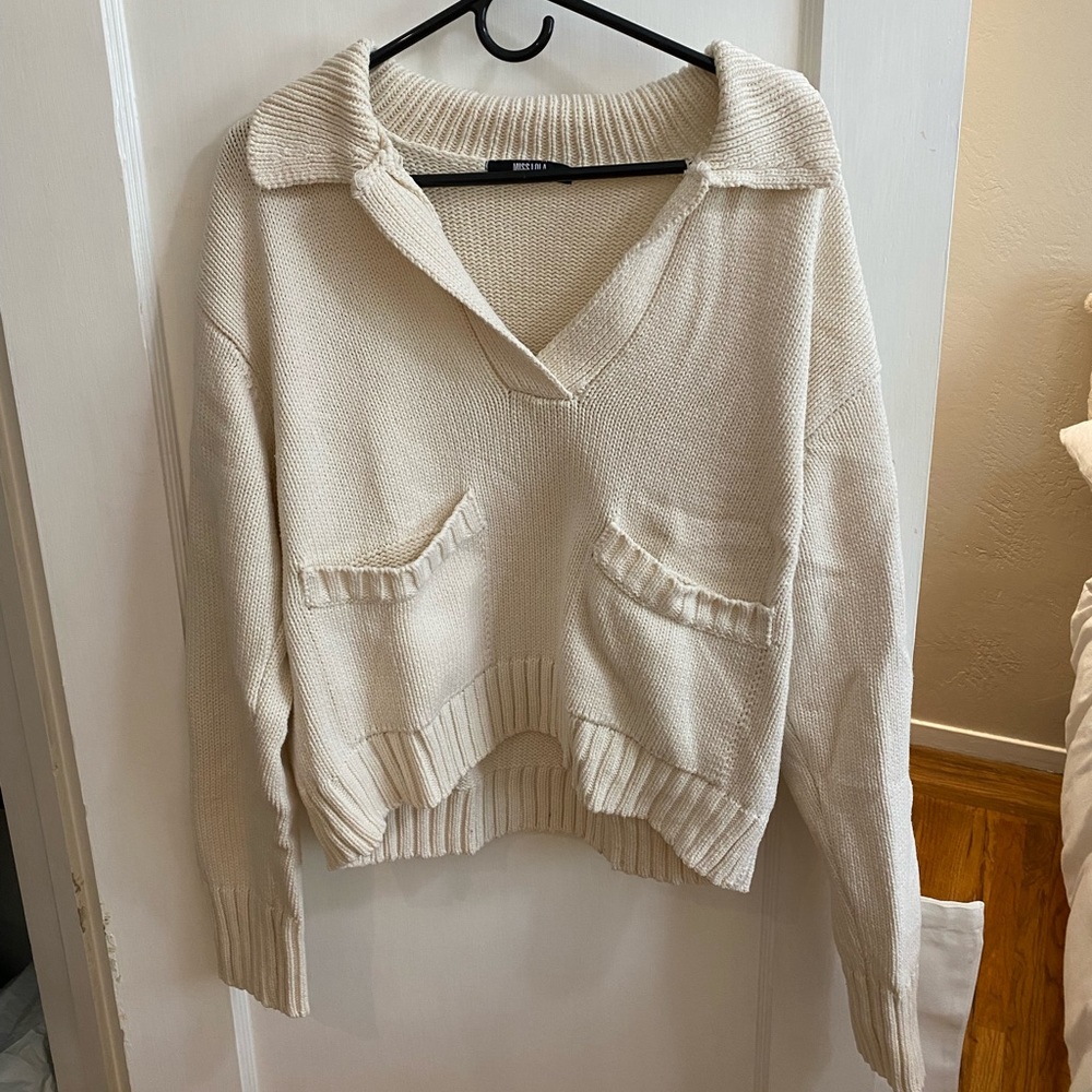 Cream V Neck Sweater - Miss Lola